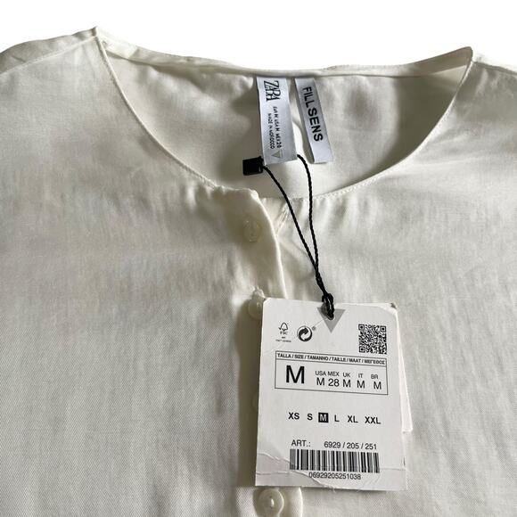 Zara Ecru Boxy Cropped Henley Button Wide Long Sleeve Blouse Size Medium NWT - Picture 6 of 8